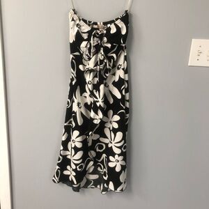 Tiki‎ Palm Black White Floral Strapless Midi Dress Smocked Back Tropical Y2K